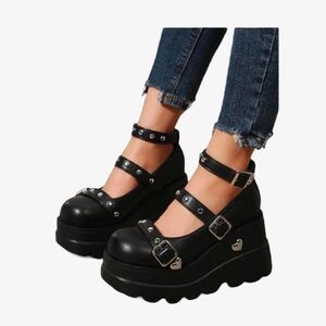 Black Platform Mary Jane Shoes with Thick Straps and Chunky Sole